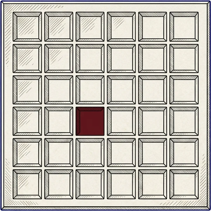 The square blind-stamp die: a 6 by 8 lattice with one cell pressed deep.